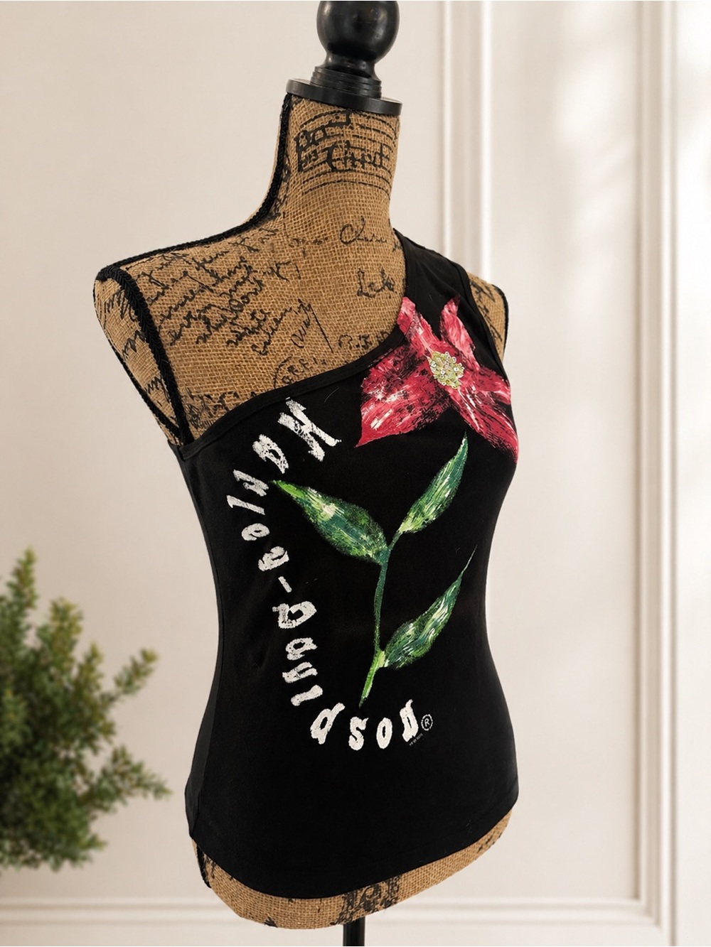 Harley-Davidson Black Tank Top with Red Flower and Green Leaves